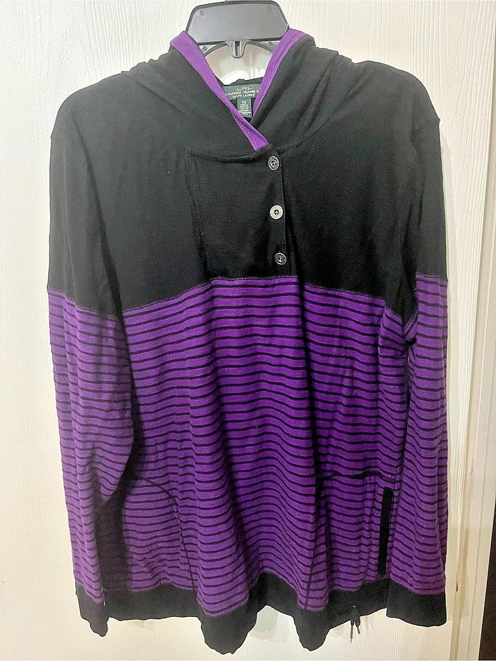 Ralph Lauren Brand Striped Hooded Top in Black & Purple Size 2X